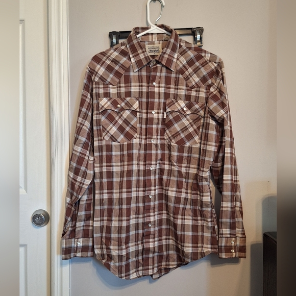 Levi's Tops - LeviStrauss & Company Brown Plaid Long Sleeve Shirt With Shimmery Gold Threading